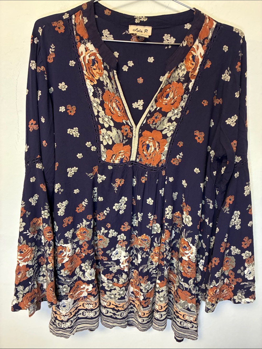 Lola P. Navy Floral V-Neck Tunic with Orange & Cream Blooms